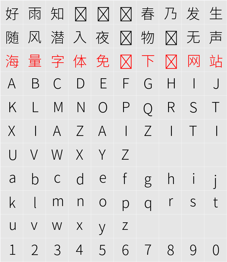 思源黑體 HK Light 字符映射表