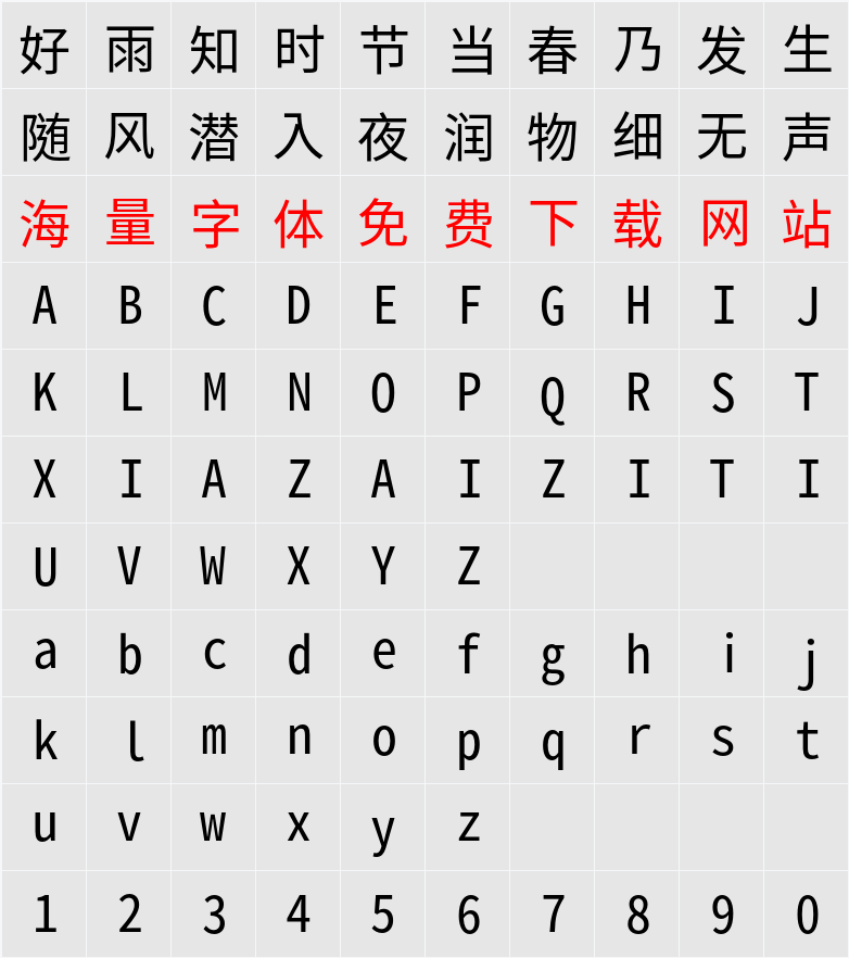 Source Han Sans HW TC 字符映射表
