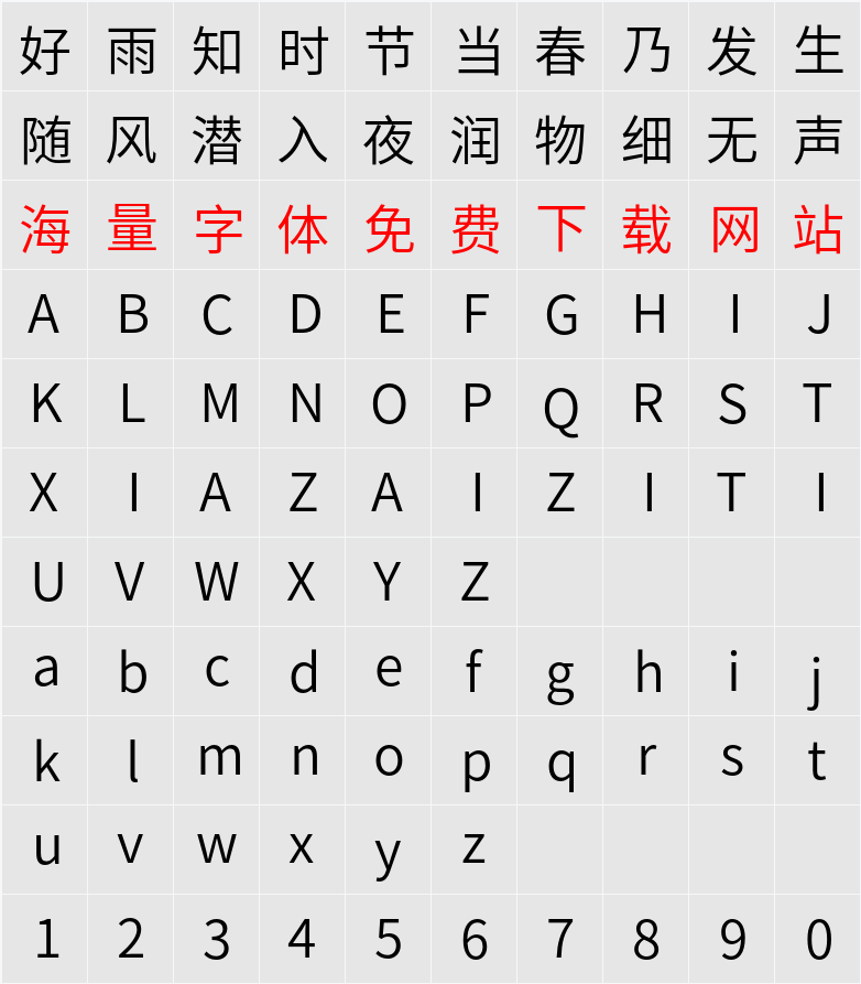 Noto Sans SC DemiLight 字符映射表