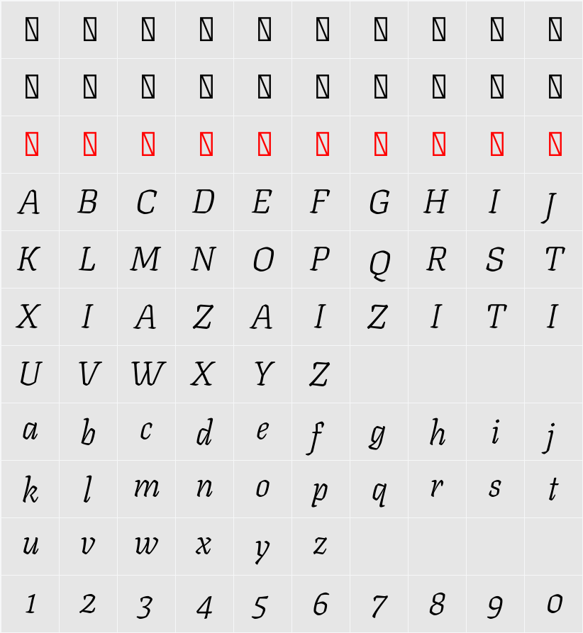 Texturina 48pt ExtraLight 字符映射表