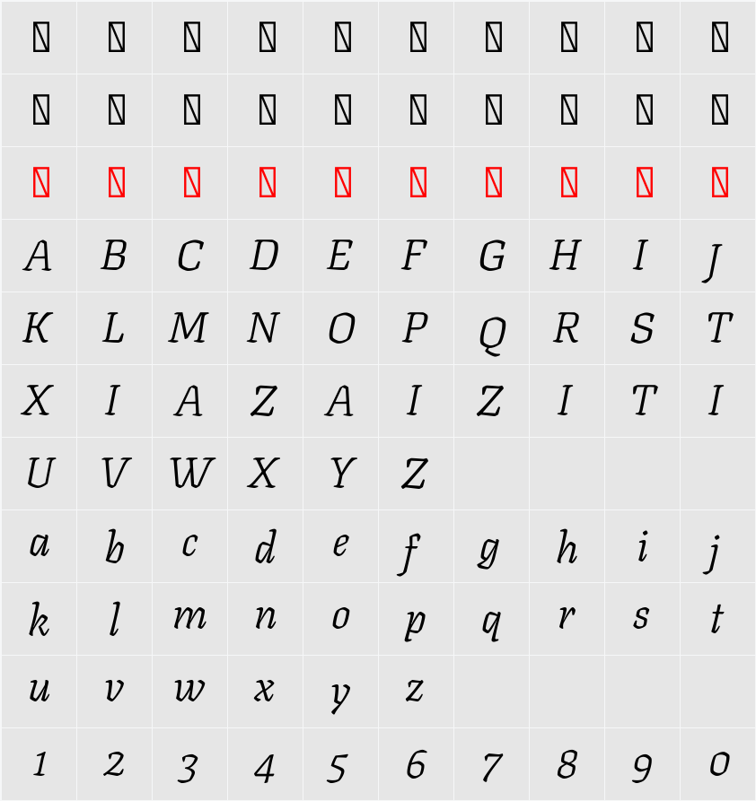 Texturina 16pt ExtraLight 字符映射表
