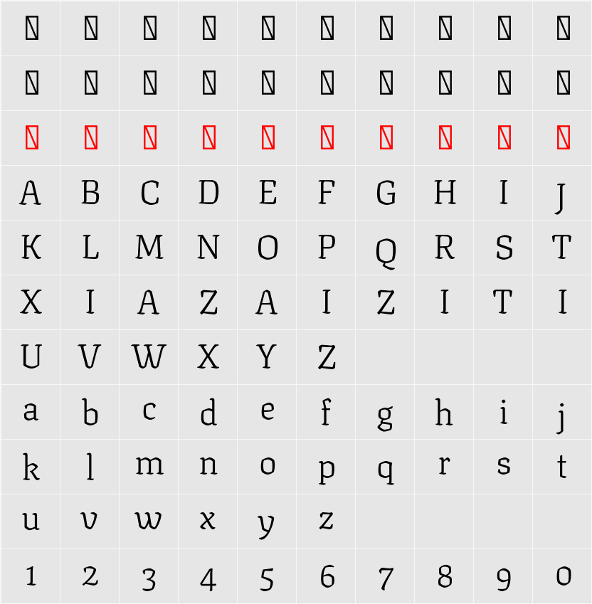 Texturina 36pt ExtraLight 字符映射表