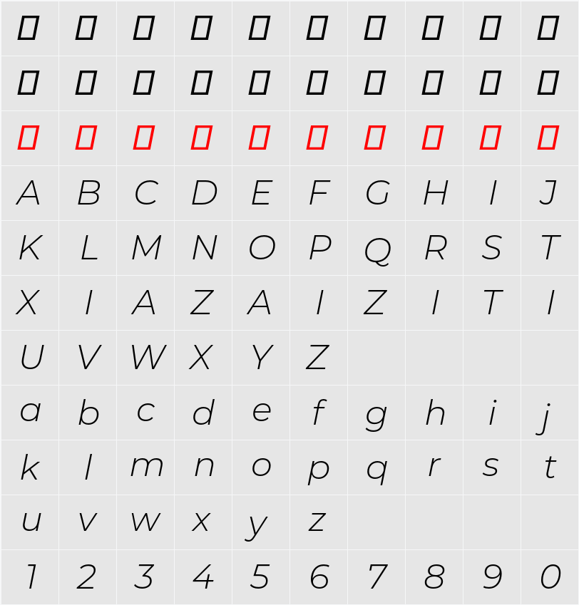 Montserrat Light 字符映射表