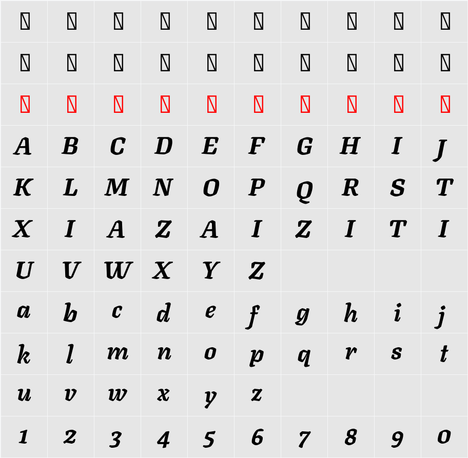 Texturina 36pt Black 字符映射表