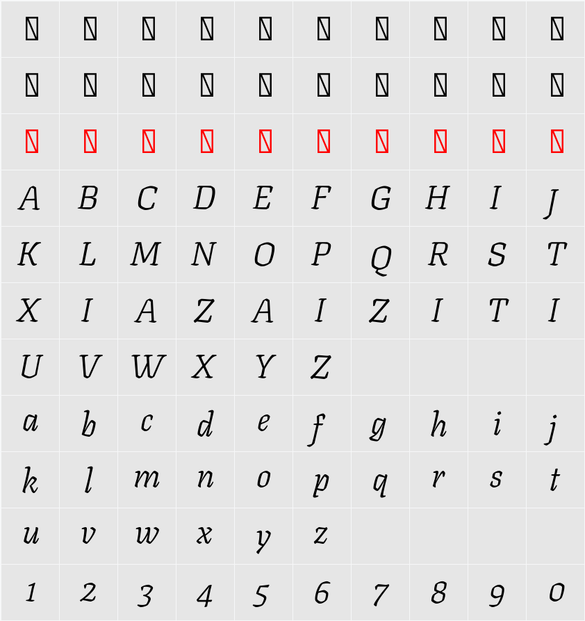 Texturina 24pt ExtraLight 字符映射表