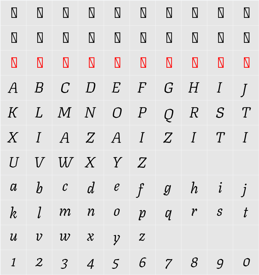 Texturina 28pt Light 字符映射表